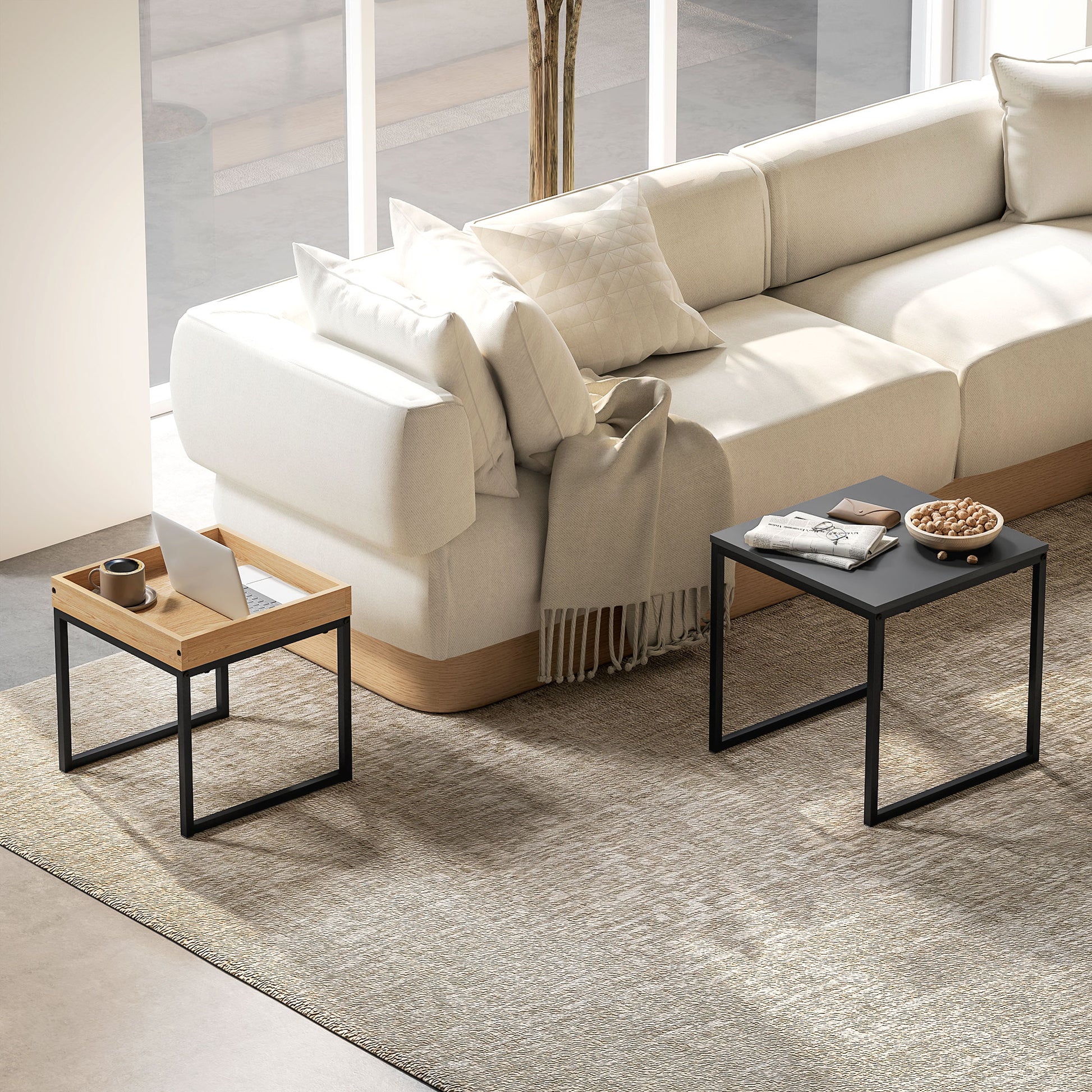 HOMCOM Moderner Couchtisch, 2er-Set Sofatisch, für kleine Räume, Quadratisch, MDF, Metall, Schwarz