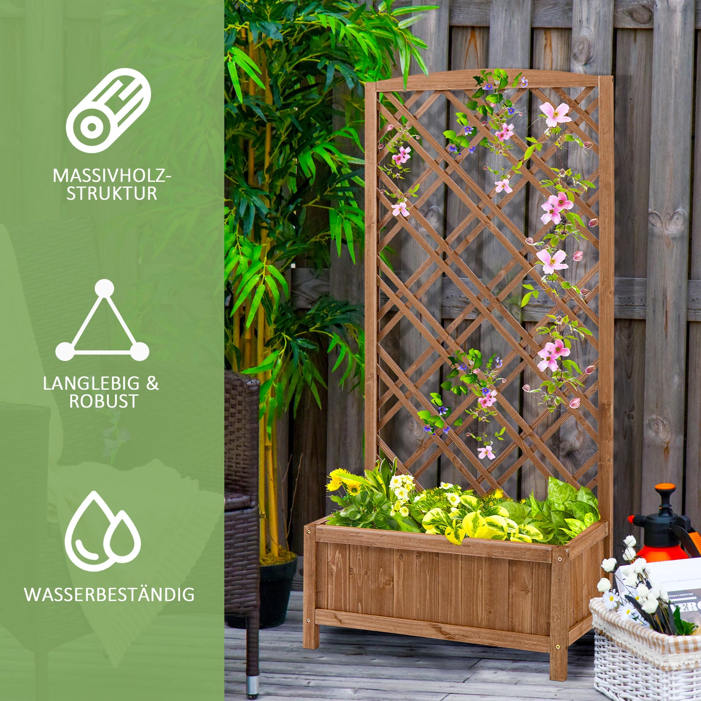 Outsunny Hochbeet Blumenständer Garten Pflanzkasten mit Rankgitter Holz Rankkasten Gelb 60 x 30 x 122,5 cm