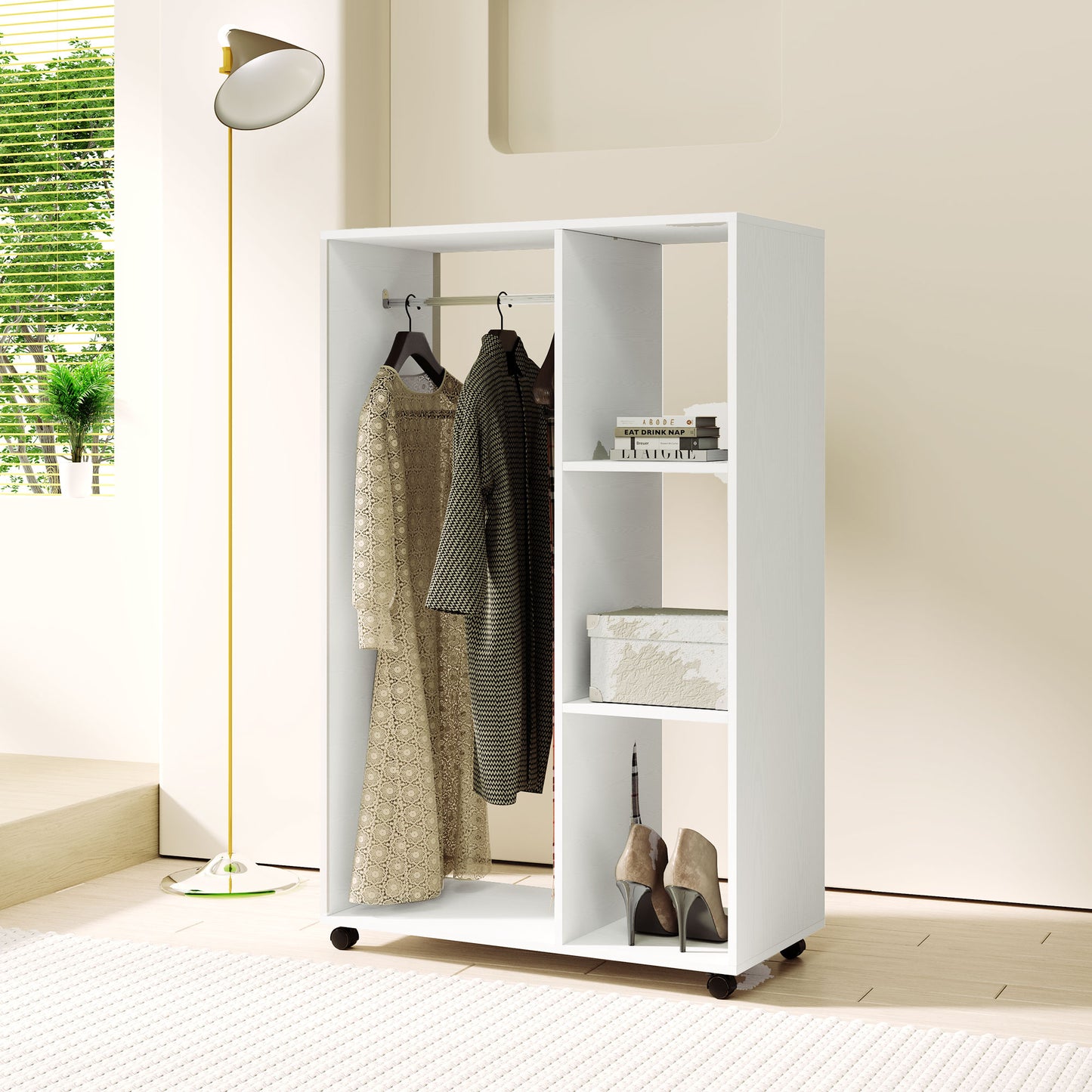 HOMCOM Kleiderschrank auf Rollen, mobile Garderobe, Garderobenschrank, Rollbarer Kleiderständer, 80 x 40 x 128 cm, Weiß
