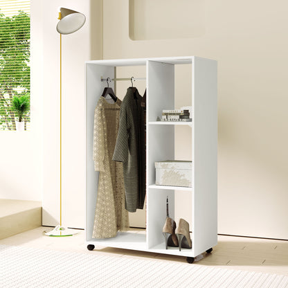 HOMCOM Kleiderschrank auf Rollen, mobile Garderobe, Garderobenschrank, Rollbarer Kleiderständer, 80 x 40 x 128 cm, Weiß