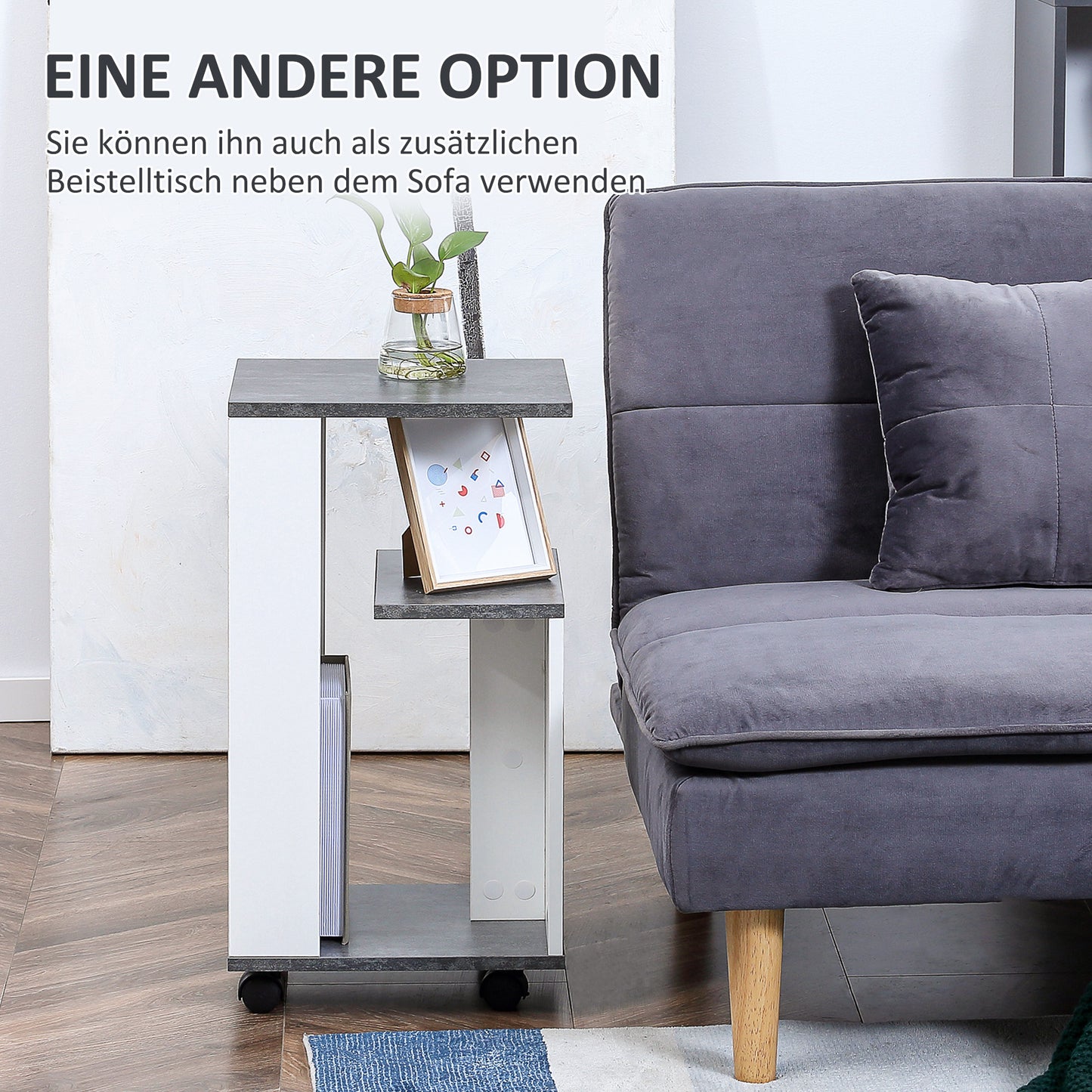 HOMCOM Nachtschrank, mit 4 Rollen, 3 Regale, 35 x 29,5 x 65,5 cm, Grau/Weiß