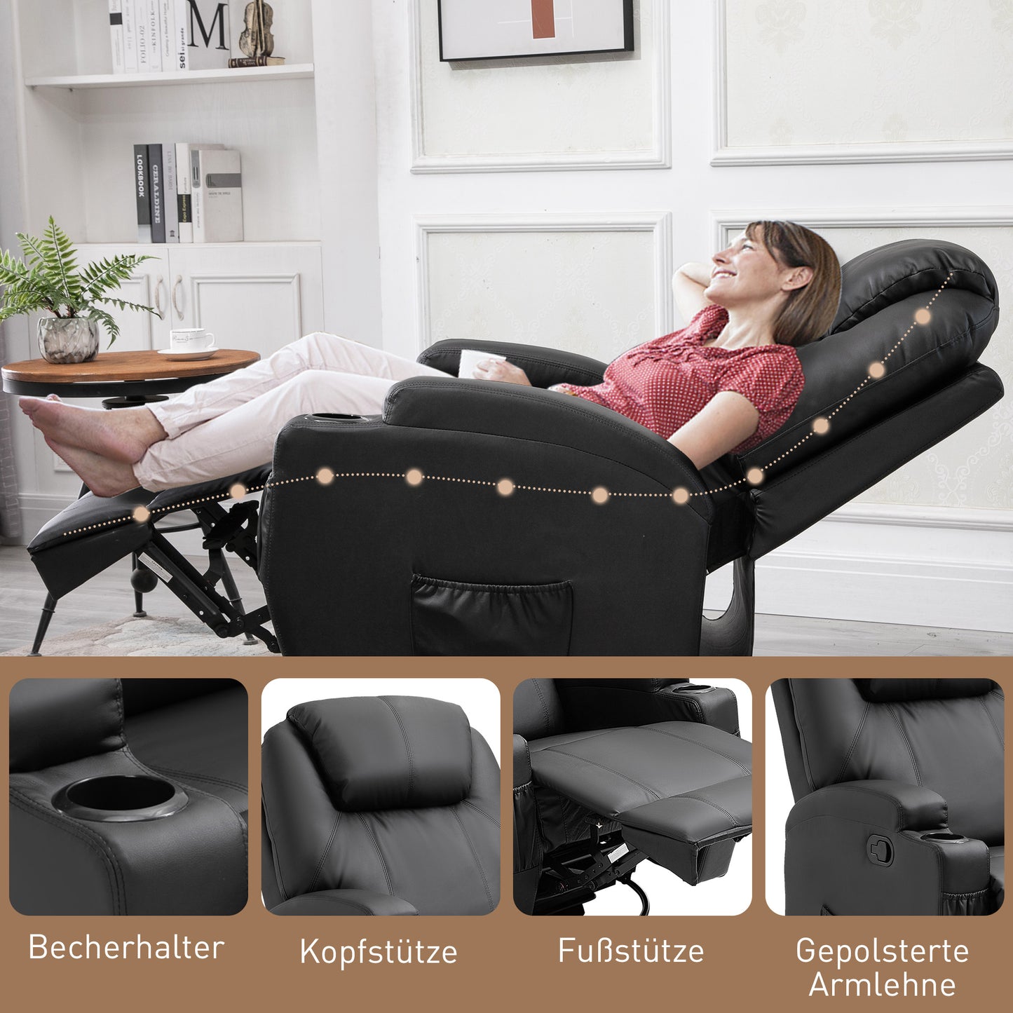 HOMCOM Massagesessel Elektrisk Relaxsessel Fernsehsessel Massagefunktion 5 Massage-Modi Liegefunktion Kunstleder Holz Metall Schaumstoff Schwarz 84 x 92 x 109 cm