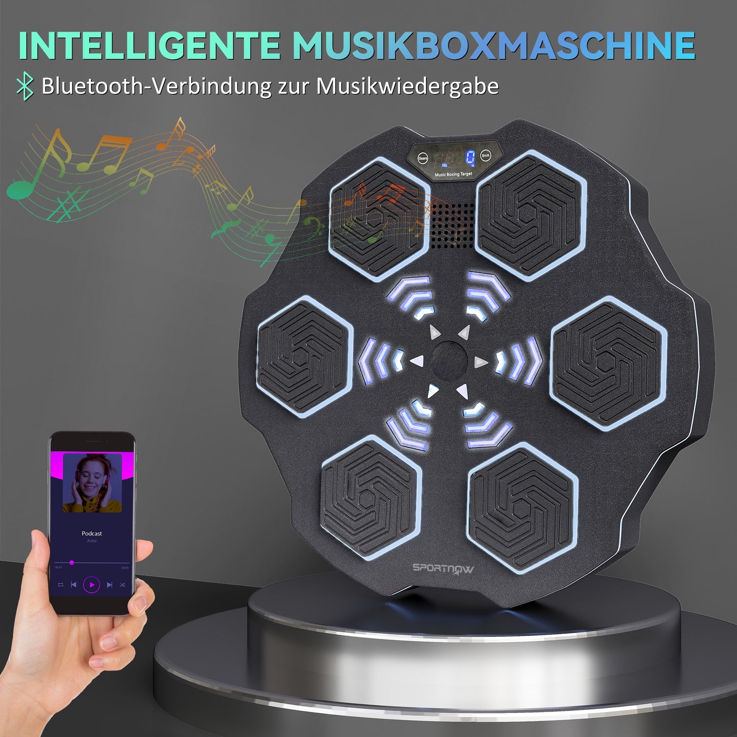 SPORTNOW Musikboxmaschine, Bluetooth-Boxgerät, Wandmontage, 9 Geschwindigkeiten und Modi, LED-Lichter, Schwarz