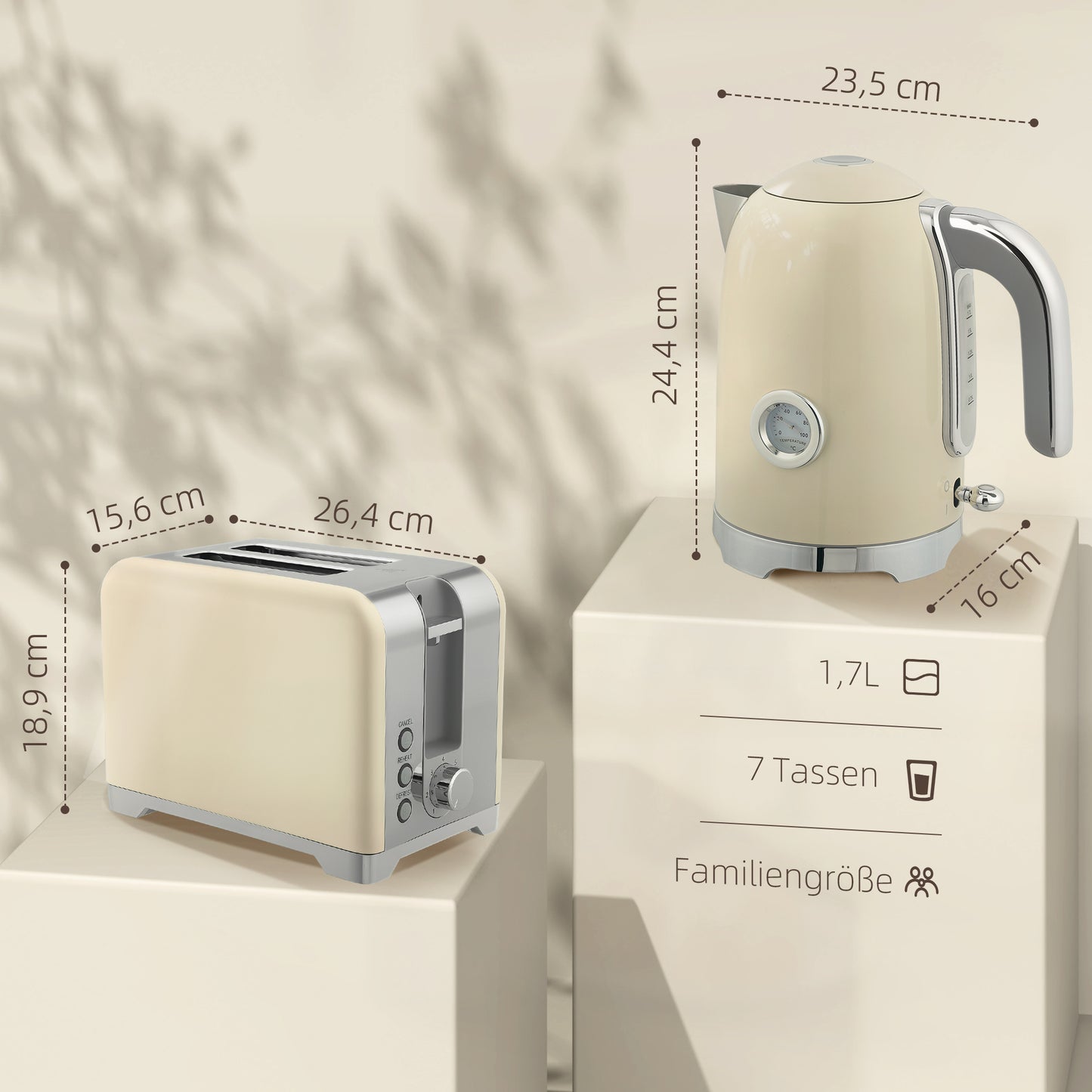 HOMCOM Wasserkocher- und Toaster-Set, 2200W, 7 Bräunungsstufen, versch. Funktionen, Creme