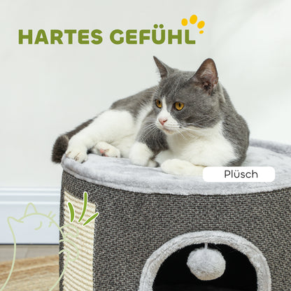 PawHut Katzenhöhle, 2 Etagen, Katzenhaus, Plüsch, Kissen, Sisal-Kratzbrett, Φ40 x 30H cm, Dunkelgrau