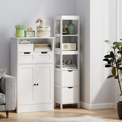 HOMCOM Badezimmerschrank, Kompaktes Badezimmerregal mit 2 Schubladen und 3 offenen Fächern, Freistehendes Badregal, MDF, Weiß