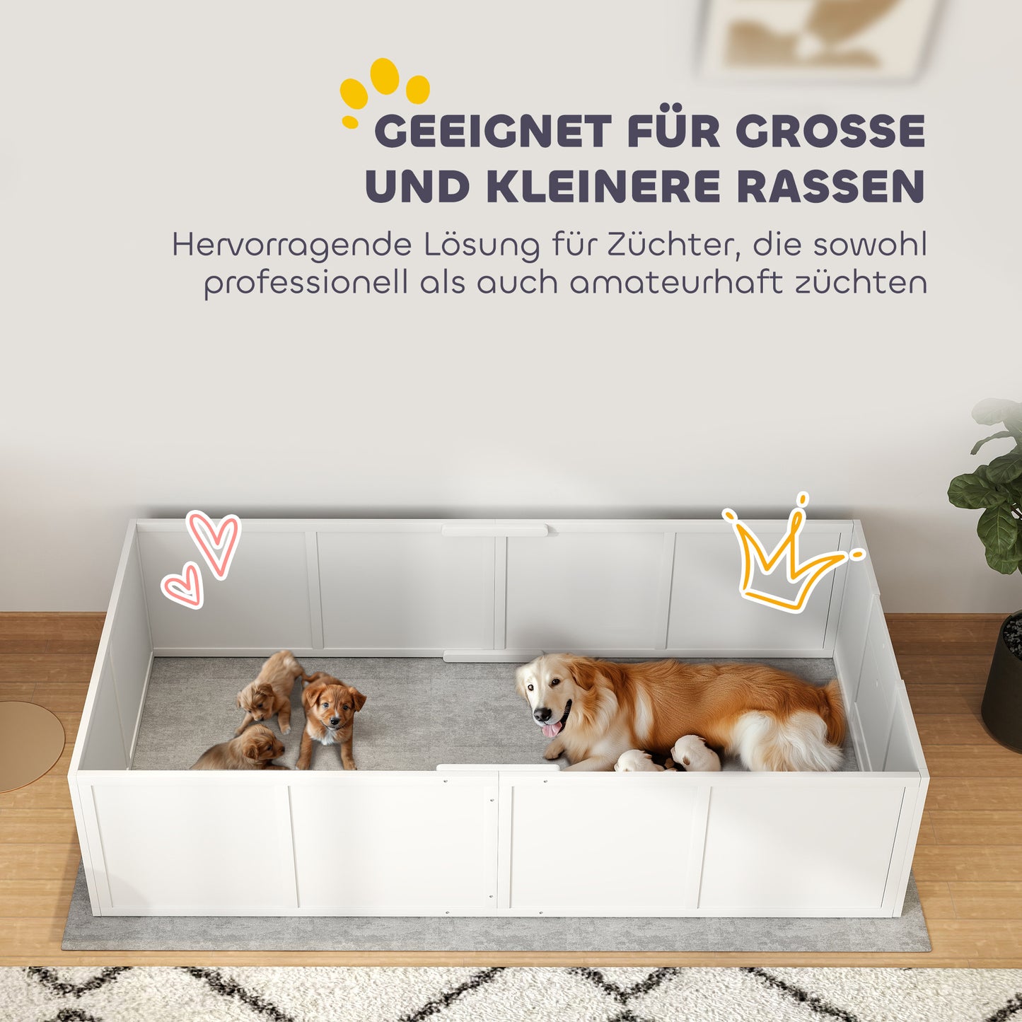 PawHut Hunde-Wurfbox für Hunde und Welpen, mit verstellbaren Eingängen, für große und kleine Hunde, 196 x 96 x 48 cm, Weiß