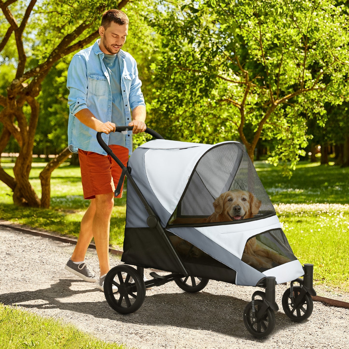 PawHut Hundewagen, Faltbarer Hundebuggy für große Hunde, Haustierwagen mit 4 Rädern, Sicherheitsleinen, Bremsen, Grau