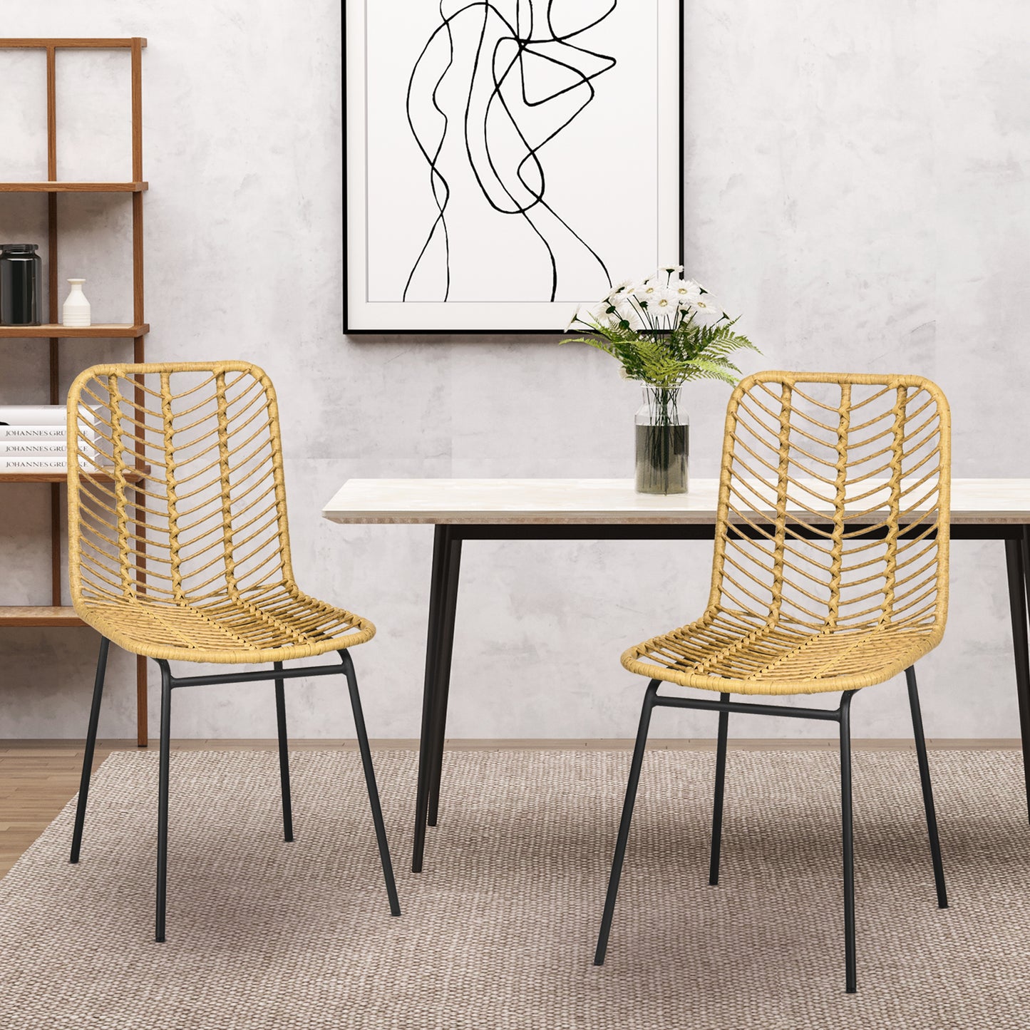 HOMCOM 2er-Set Esszimmerstühle im Boho-Stil, Akzentstuhl, PE-Rattan, 44 cm x 58 cm x 85 cm, Natur + Gelb
