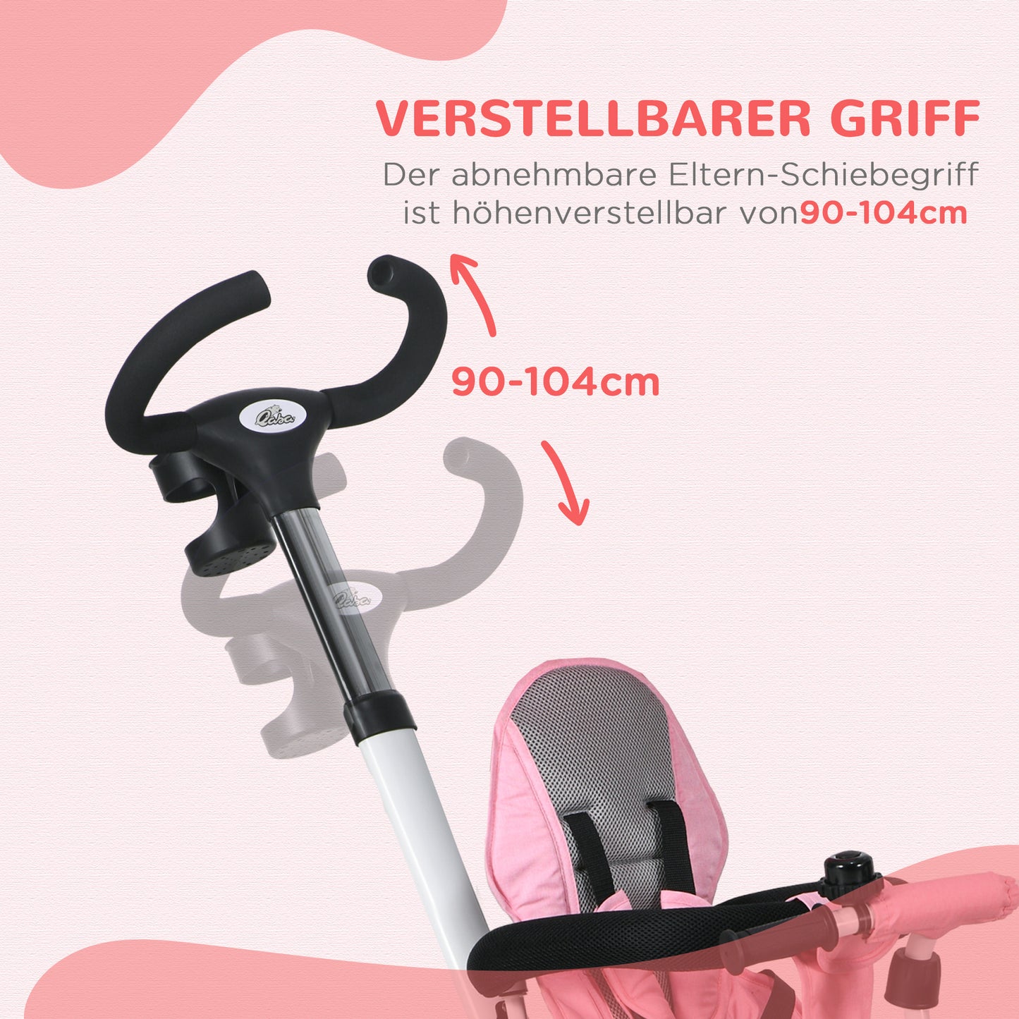 HOMCOM 6-in-1 Kinderdreirad mit Schiebestange, Dach, Gurt, Ablagekorb, 18+ Monate, Rosa