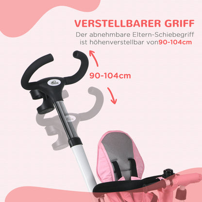 HOMCOM 6-in-1 Kinderdreirad mit Schiebestange, Dach, Gurt, Ablagekorb, 18+ Monate, Rosa