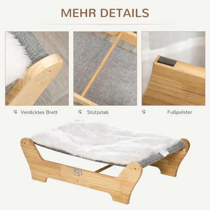 PawHut Katzenbett mit Gestell Hängematte für Katzen erhöhtes Katzennest mit weichem Kissen Kiefernholz Natur 68 x 43 x 20 cm