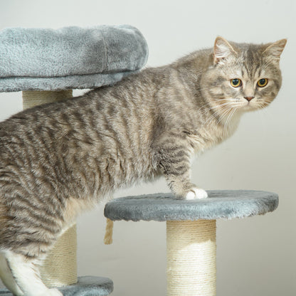 PawHut Katzenbaum Kletterbaum mit Hängematte, 3-Stufiger Spielbaum mit Katzenbett Katzenkratzbaum mit Sitzplattform, Sisalsäulen, Grau Ø40 x H65 cm
