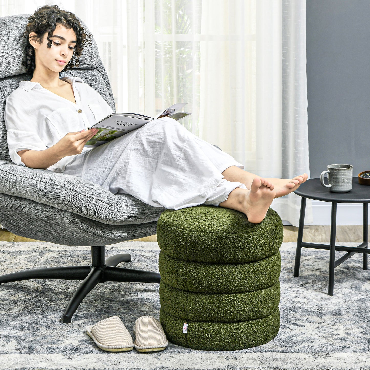 HOMCOM Hocker, rund, Teddyfleece, bis 120kg, Φ40x45H cm, Grün