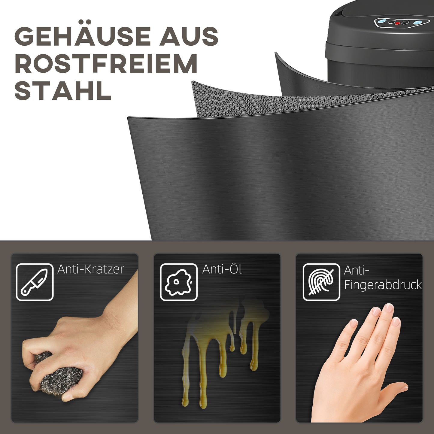 جهاز استشعار هومكوم 50 لتر مع وظيفة الإغلاق الناعم، berührungsfreier Abfalleimer aus Edelstahl für hygienische Kitchen