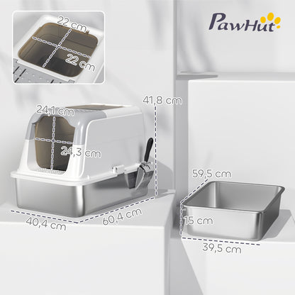 PawHut Katzenklo, Katzentoilette mit Deckel, Streuschaufel, vorne Eingang und ober Ausgang Edelstahl bis 7 kg