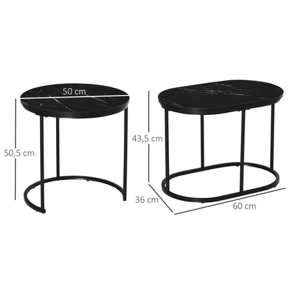 HOMCOM 2er-Set Couchtisch، Ovaler und runder Kaffeetisch، Stapelbar، Marmoroptik، MDF، Metall، Ø50 x 50,5H cm، Schwarz