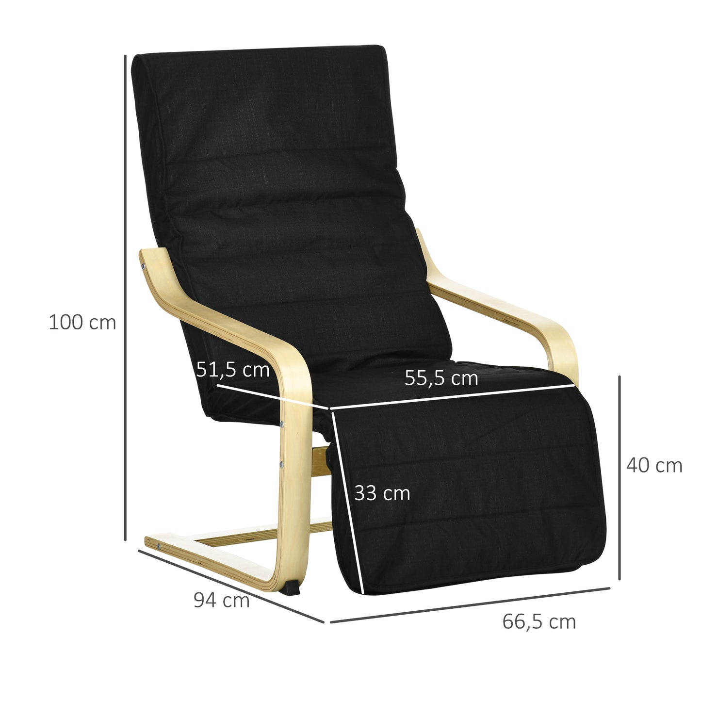 HOMCOM Relaxsessel, Ruheliege, verstellbares Fußteil, Auflage, Holz+Schwarz, 66,5 x 94 x 100cm