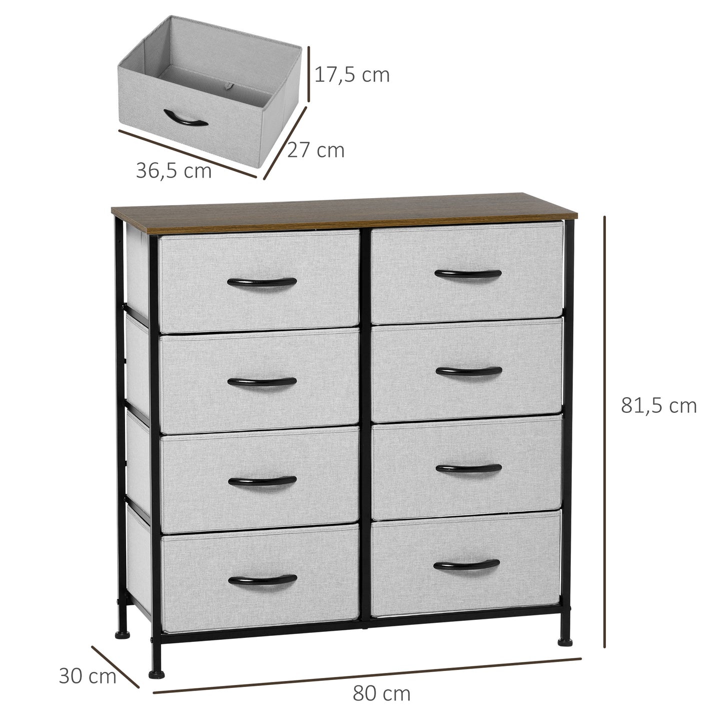HOMCOM Kommode mit 8 Stoffschubladen, Metallrahmen, Ablage, 80x30x81,5 cm, Grau/Schwarz