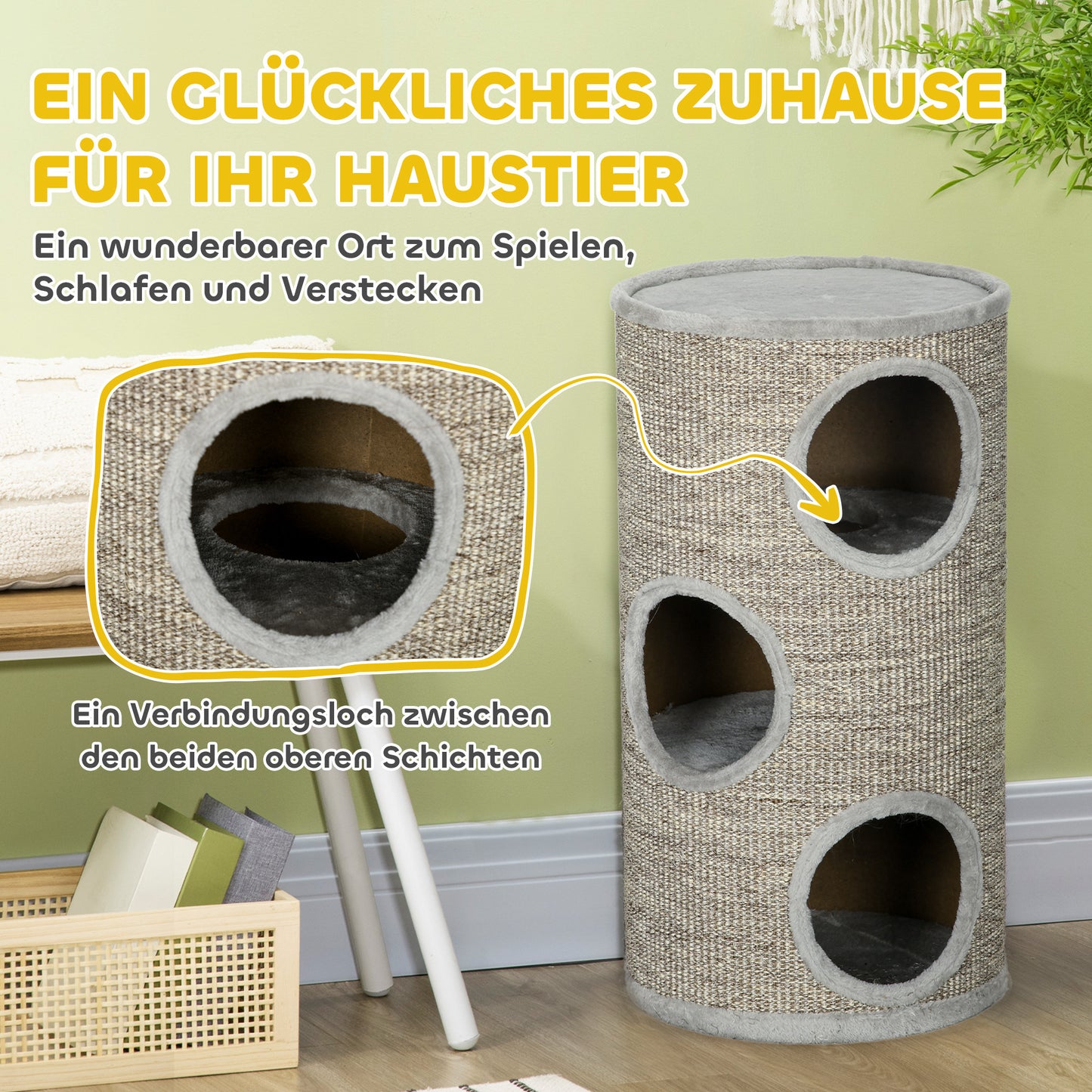 PawHut Kratztonne mit 3 Ebenen، inkl. Kratzfläche aus Sisalseil، Kratztonne für Katzen، 38 سم × 38 سم × 70 سم، هيلغراو