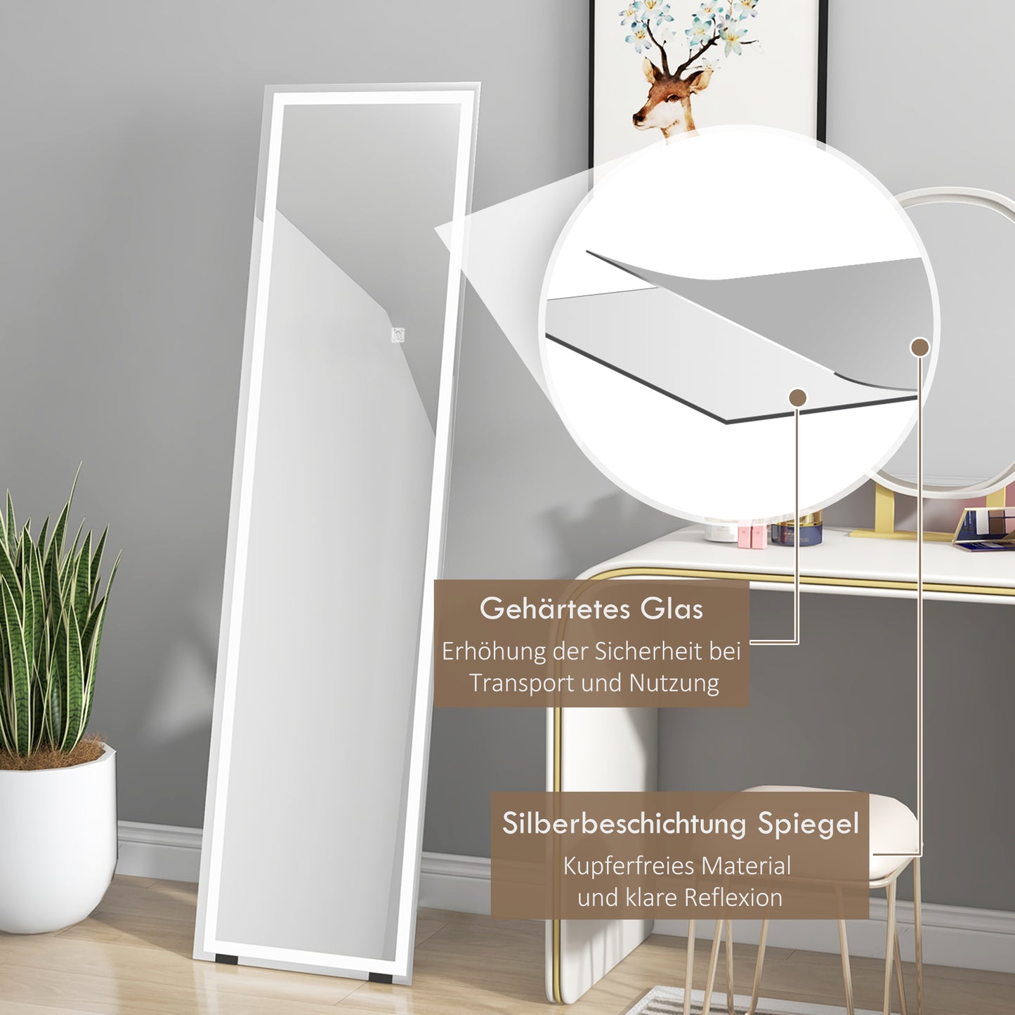 HOMCOM Standspiegel Wandspiegel Ganzköprerspiegel، مع مصابيح LED، 40 سم × 150 سم، فايس + سيلبر