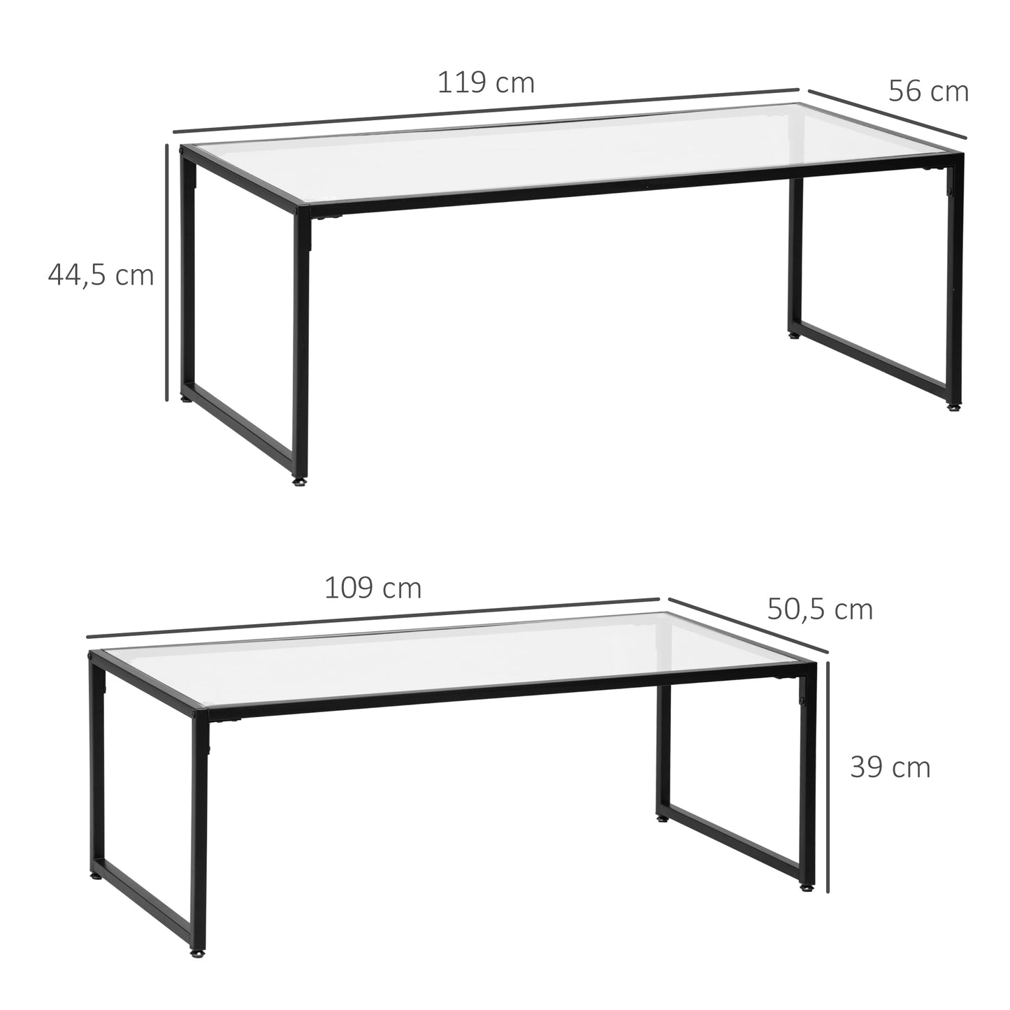 HOMCOM 2er-Set Couchtische, Glastische, mit pulverbeschichtetem Stahl, Schwarz + Transparent