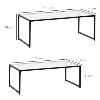 HOMCOM 2er-Set Couchtische, Glastische, mit pulverbeschichtetem Stahl, Schwarz + Transparent