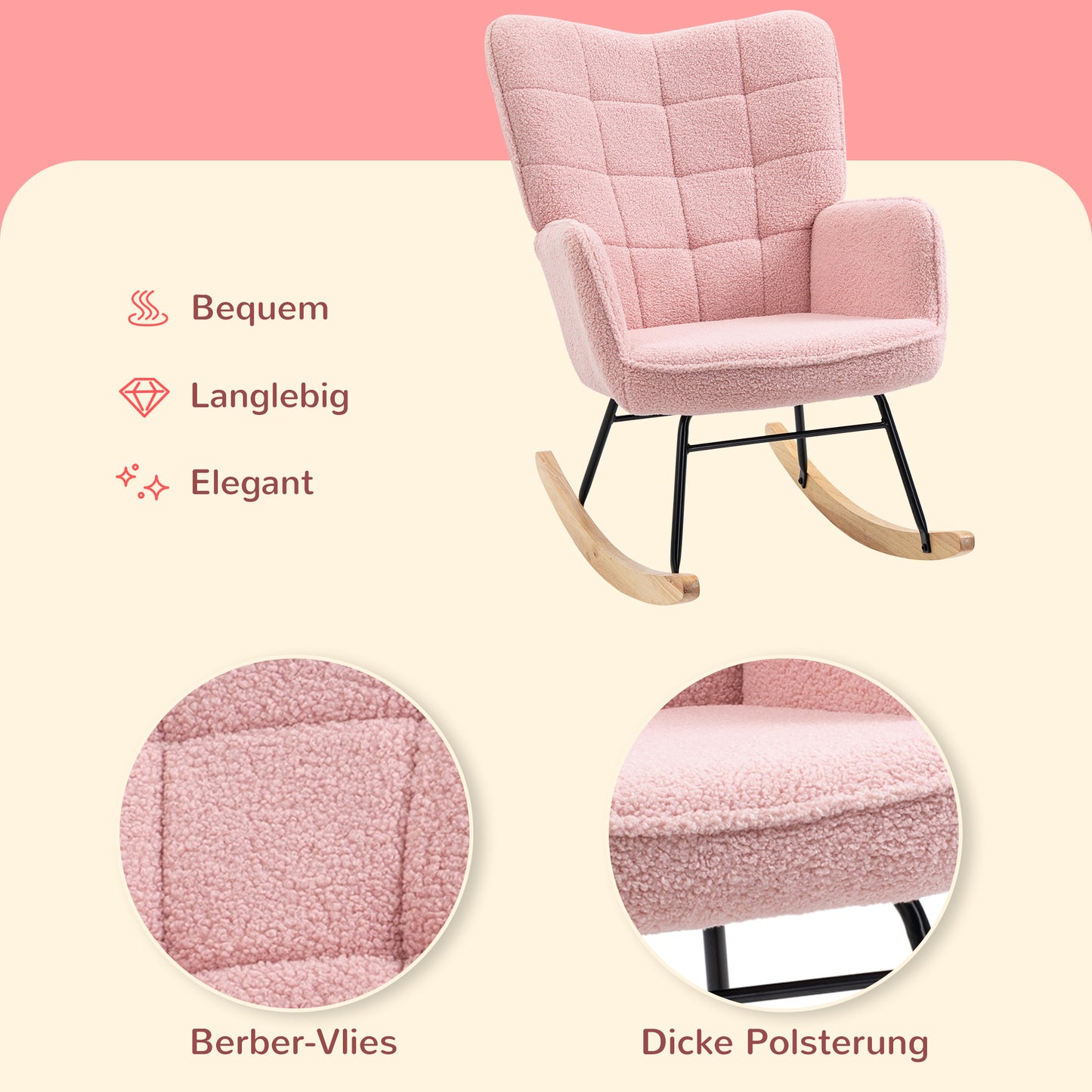 HOMCOM Schaukelstuhl im Retro-Design, Massivholz, Sessel, Relaxsessel, 98 cm x 71 cm x 101 cm, Rosa
