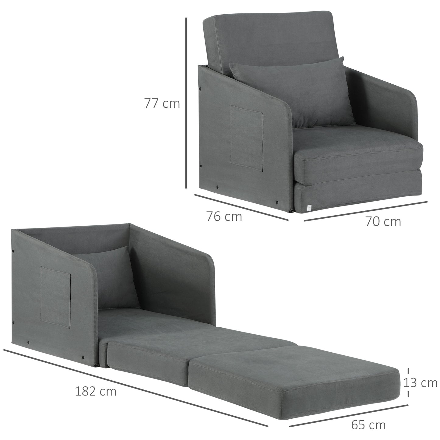 HOMCOM Schlafsofa Sofabett Einzelsofa Waschbarer Bezug 2 Seitentaschen Kissen Metall Grau 70 x 76 x 77 cm