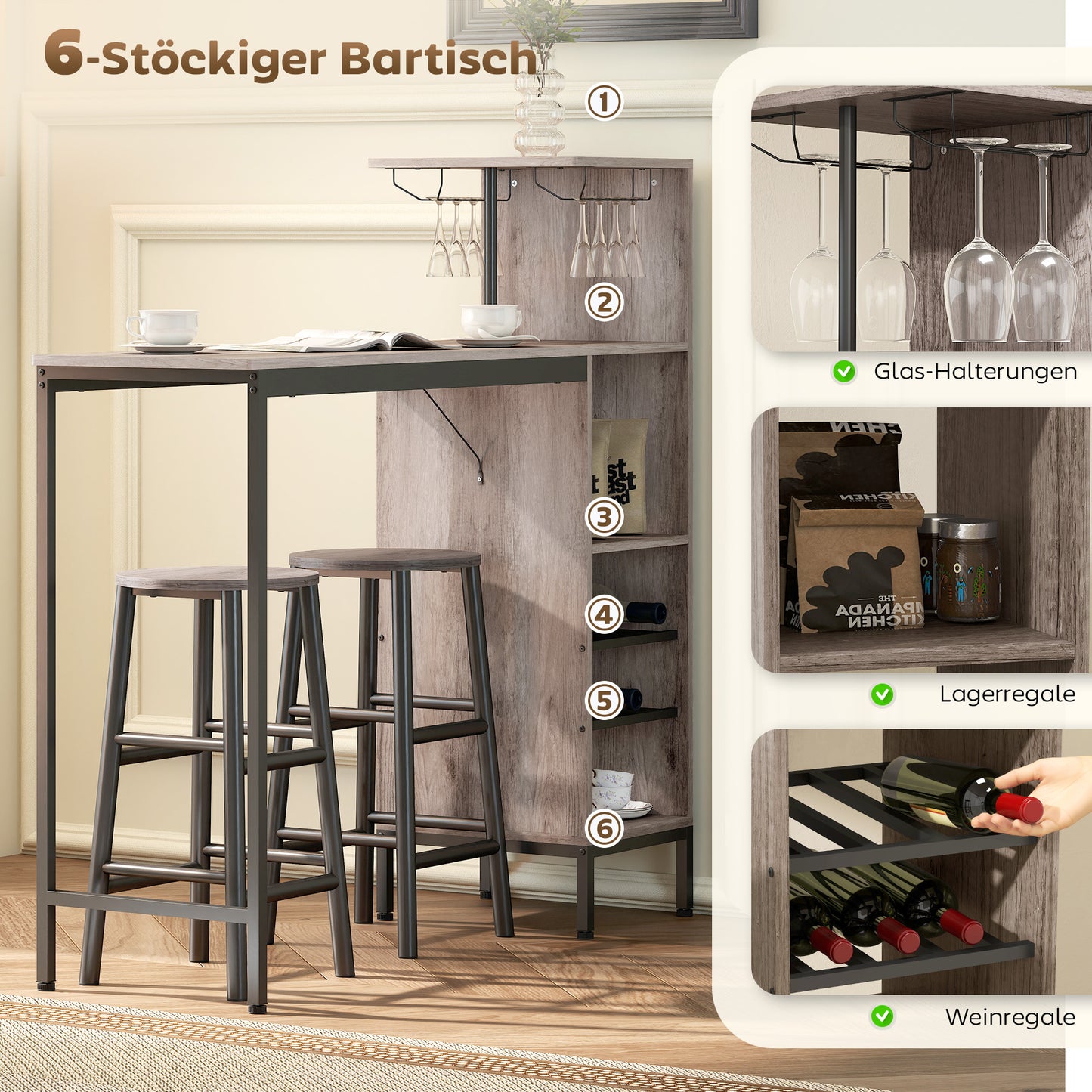 HOMCOM 3-tlg. Bartisch-Set mit Stauraum, Weinregalen, Glashaltern, Hockern mit Fußstütze, für kleine Räume, Grau
