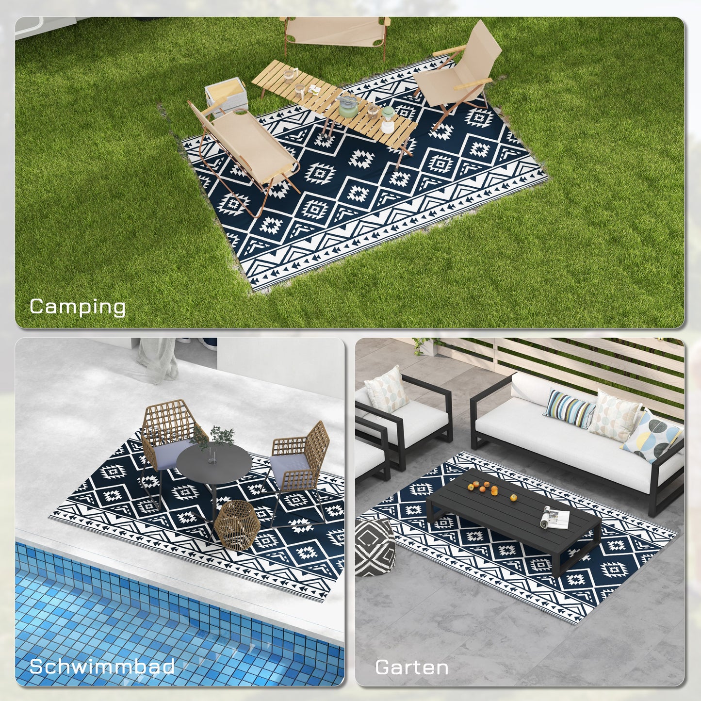 Outsunny Outdoorteppich Terrassenteppich, wetterbeständig, modernes Design, 182 cm x 274 cm x 0,3 cm, Schwarz + Weiß