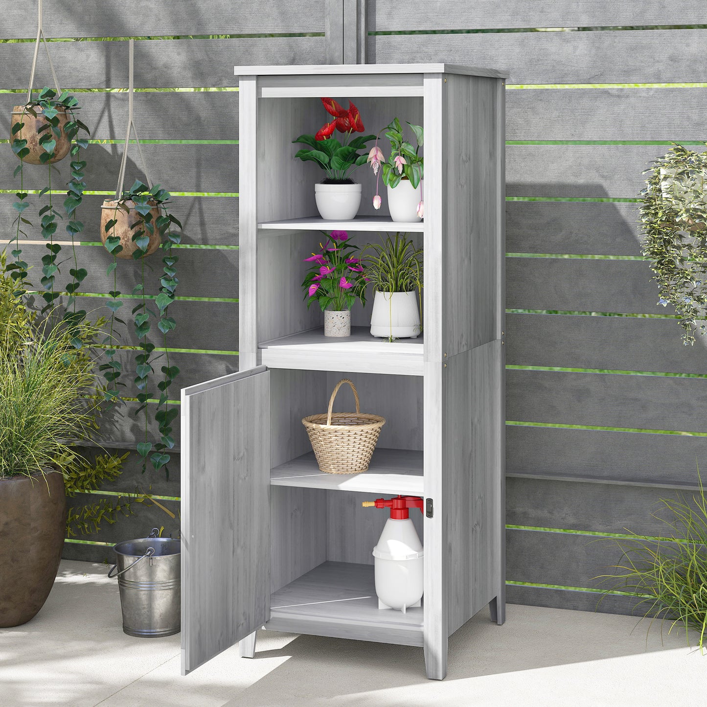 Outsunny Gartenschuppen mit Scheunentür, verstellbare Regale, schlankes Design, Tannenholz, Hellgrau