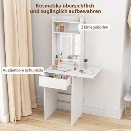 HOMCOM Kompakter Schminktisch mit Spiegel und LED-Beleuchtung, klappbare Tischplatte, offenere Regale, Schublade, MDF, Weiß