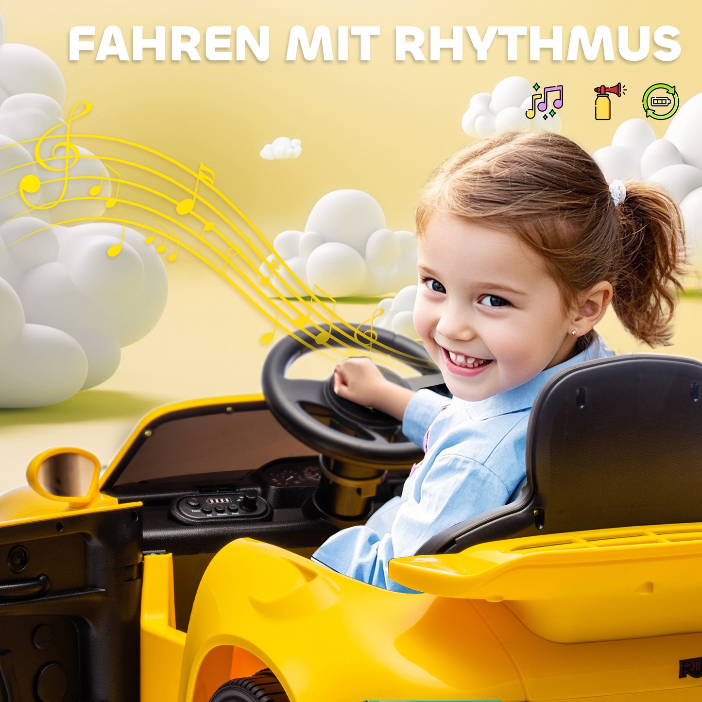 AIYAPLAY Kinder-Elektroauto, 12V Kinderauto mit Fernbedienung, sanfter Start, MP3-Player, LED-Lichter, Hupe, Energieanzeige, Gelb