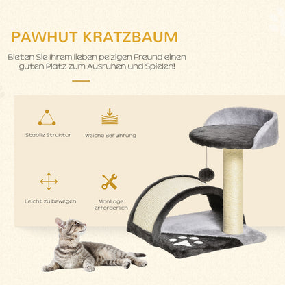 PawHut Kratzbaum 46 cm Kleiner Katzenturm mit Höhle, Spielball, Sisal-Seil, erhöhter Plattform, Katzenkratzbaum, Kletterbaum, für Katzen bis zu 4 kg, Dunkelgrau