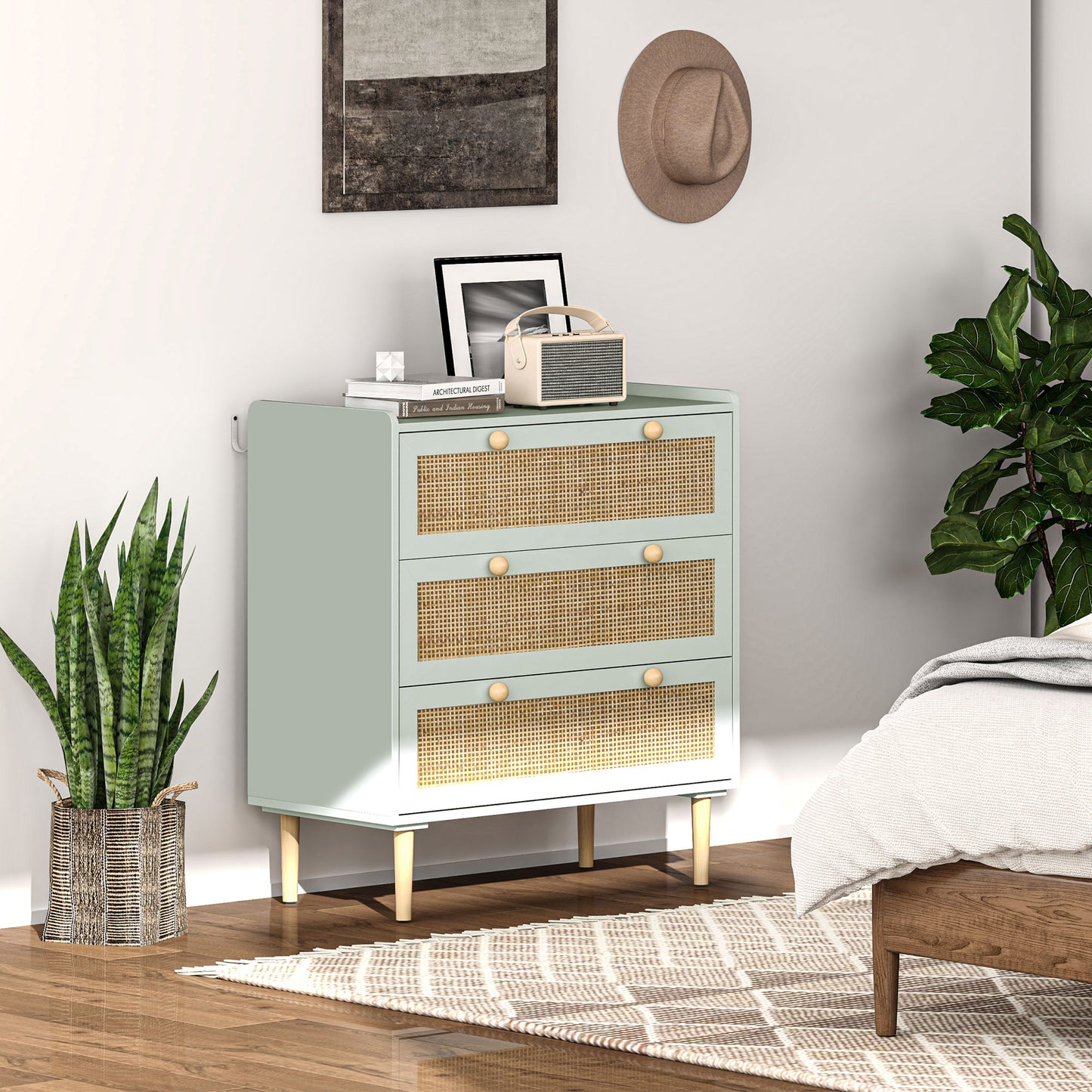 HOMCOM Schlafzimmer-Kommode mit 3 Schubladen, Rattan-Fronten, Kleiderkommode für Flur, Eingangsbereich, MDF, Grün