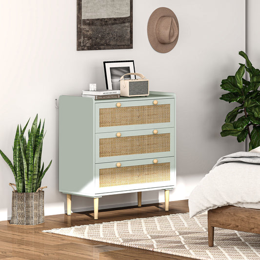 HOMCOM Schlafzimmer-Kommode mit 3 Schubladen, Rattan-Fronten, Kleiderkommode für Flur, Eingangsbereich, MDF, Grün