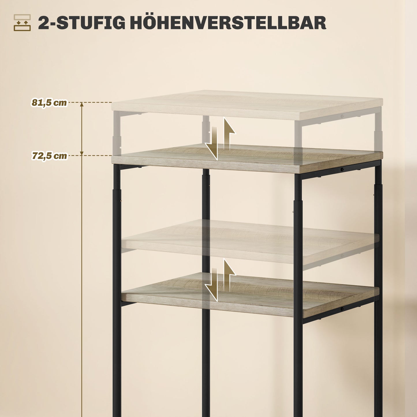 HOMCOM Druckerständer mit 3 Ebenen, höhenverstellbar, Mobiler Druckertisch auf Rollen, für Homeoffice, Metall und Holz