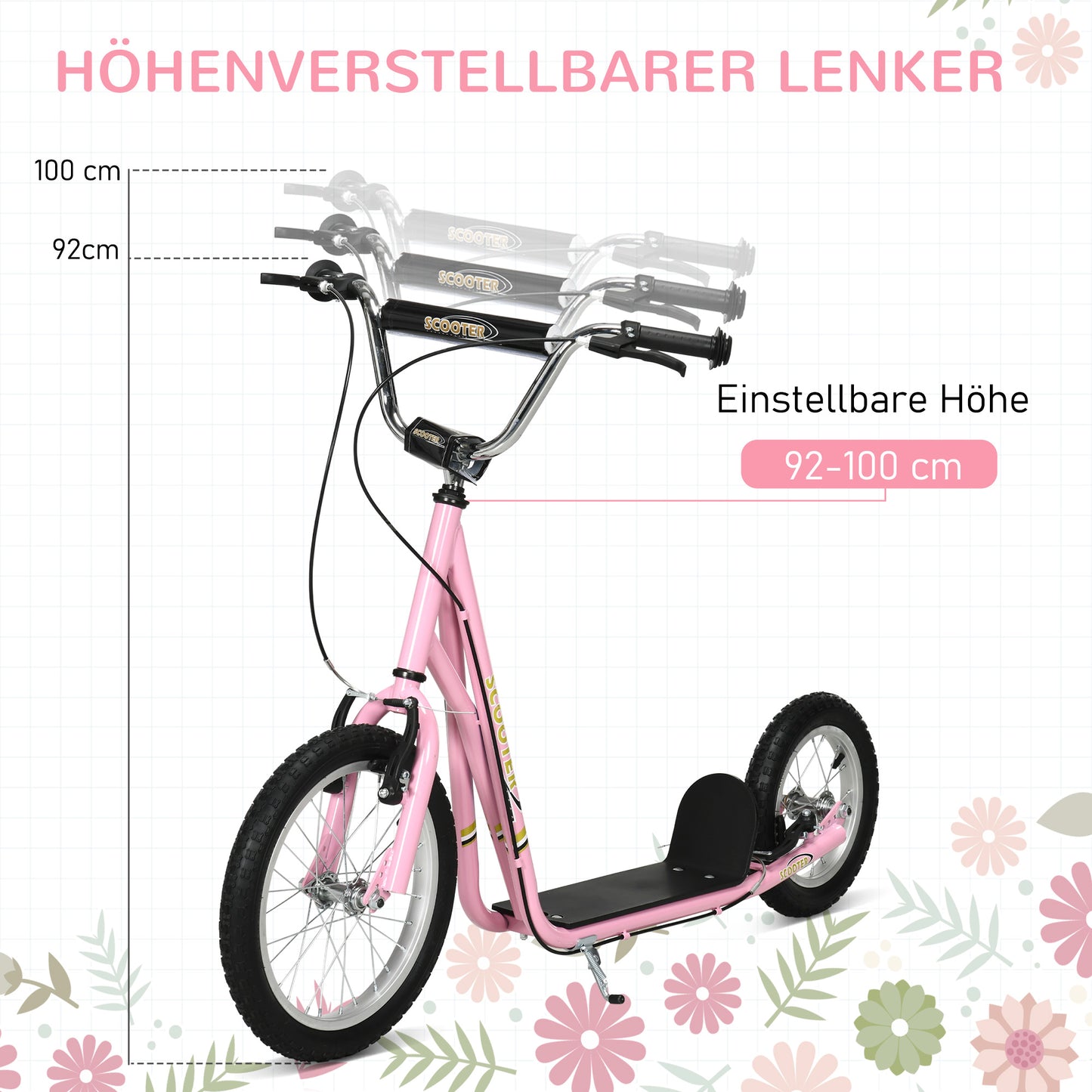 HOMCOM Roller Kinderroller mit Luftreifen Handbremse, 16 Zoll Tretroller Höhenverstellbar Kickscooter für Jungen und Mädchen ab 5 Jahre Kickboard Cityroller Kinder Scooter Rosa