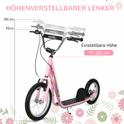 HOMCOM Roller Kinderroller mit Luftreifen Handbremse, 16 Zoll Tretroller Höhenverstellbar Kickscooter für Jungen und Mädchen ab 5 Jahre Kickboard Cityroller Kinder Scooter Rosa
