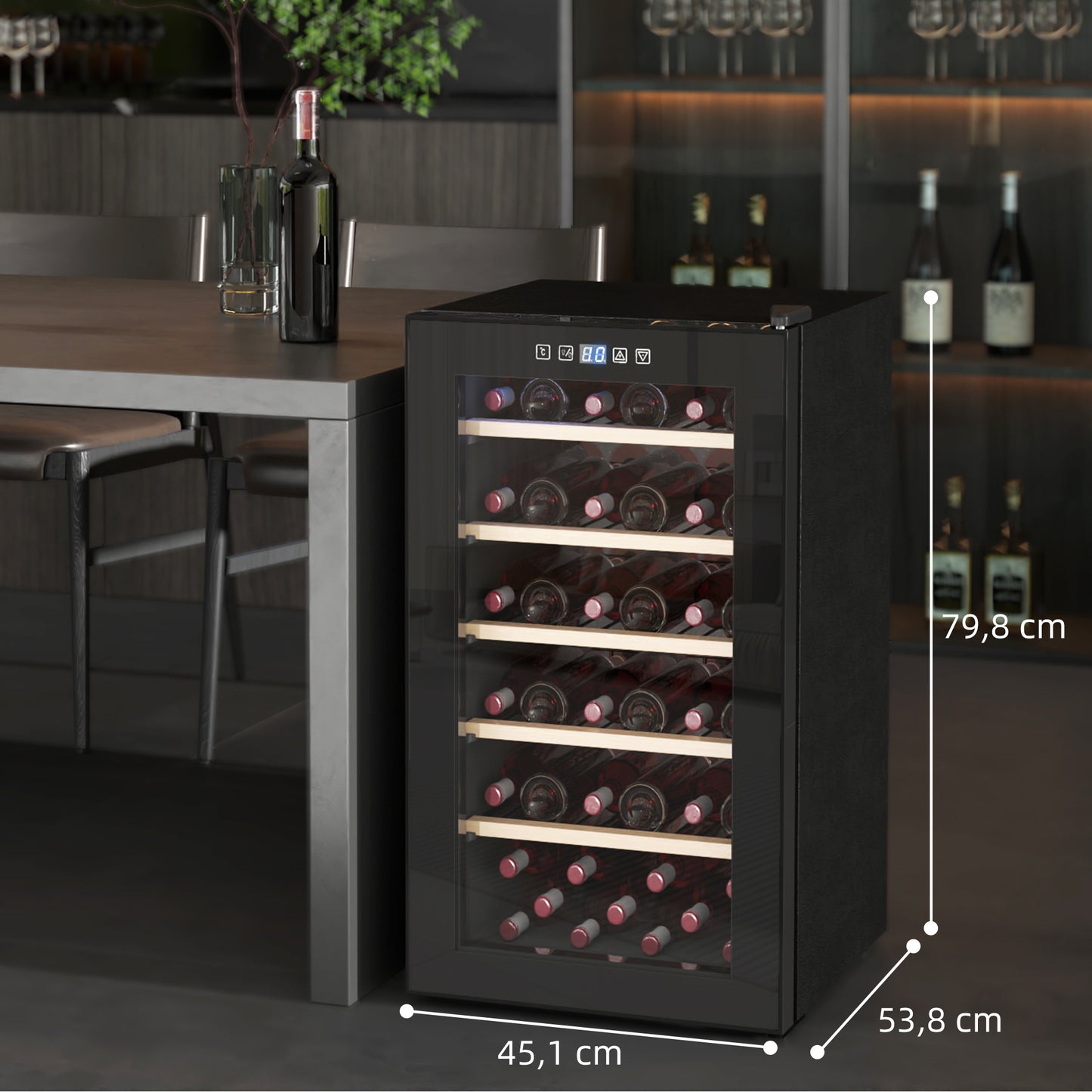 HOMCOM Weinkühlschrank für 41 Weinflaschen, 91 Liter Kapazität, Getränkekühlschrank mit LED-Anzeige, Touchscreen, Schwarz