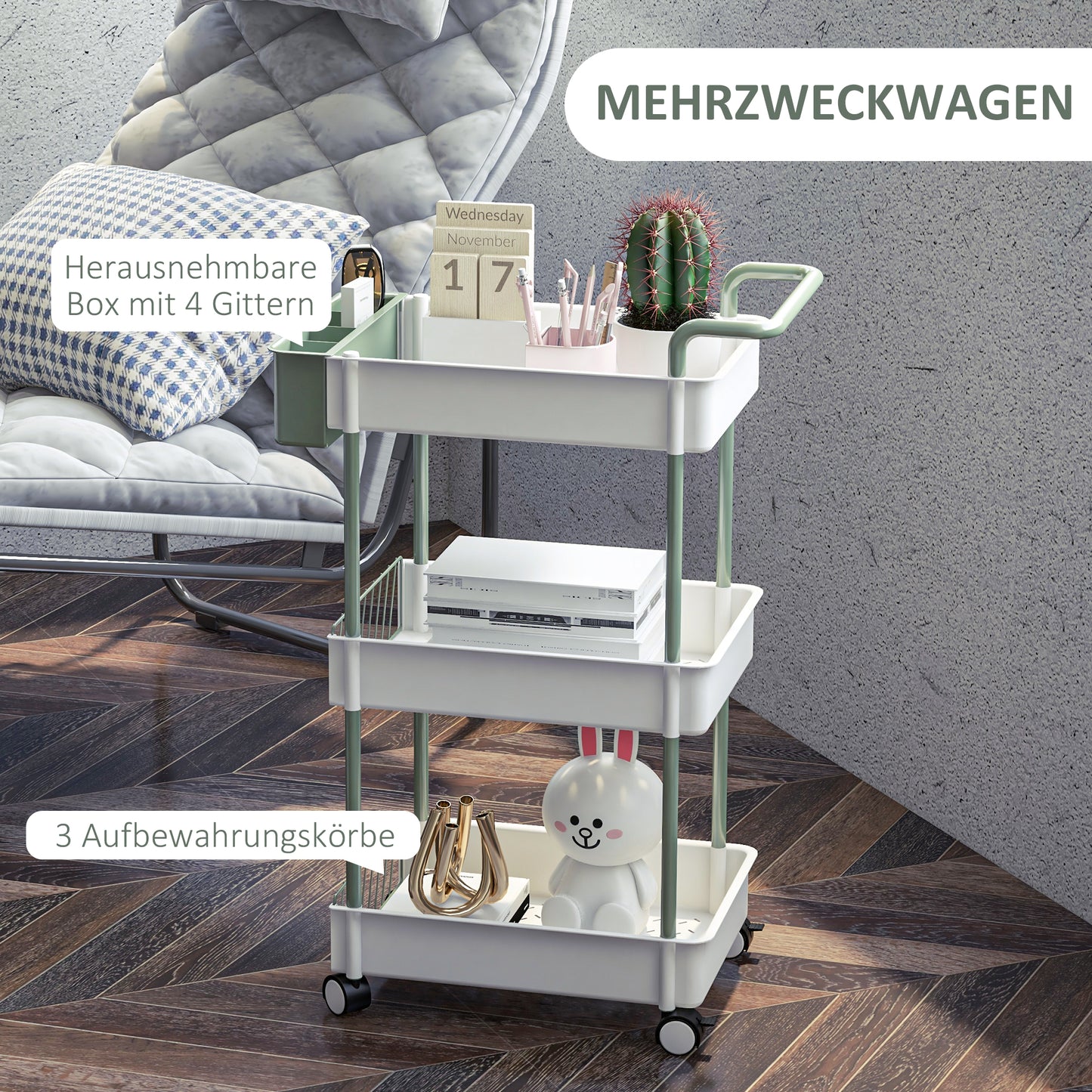 HOMCOM Rollwagen, 3 Etagen, Hängekorb, Schiebegriff, 4 Rollen, Metallrahmen, Weiß, 50 x 29,4 x 77cm