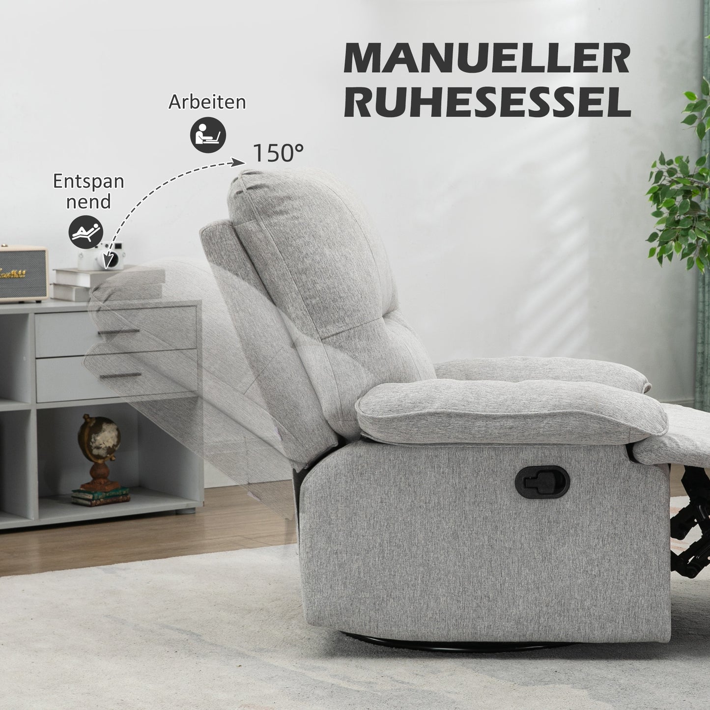 HOMCOM Relaxsessel mit Liegefunktion, Fußstütze, bis 160 kg, 89x98x101cm, Hellgrau