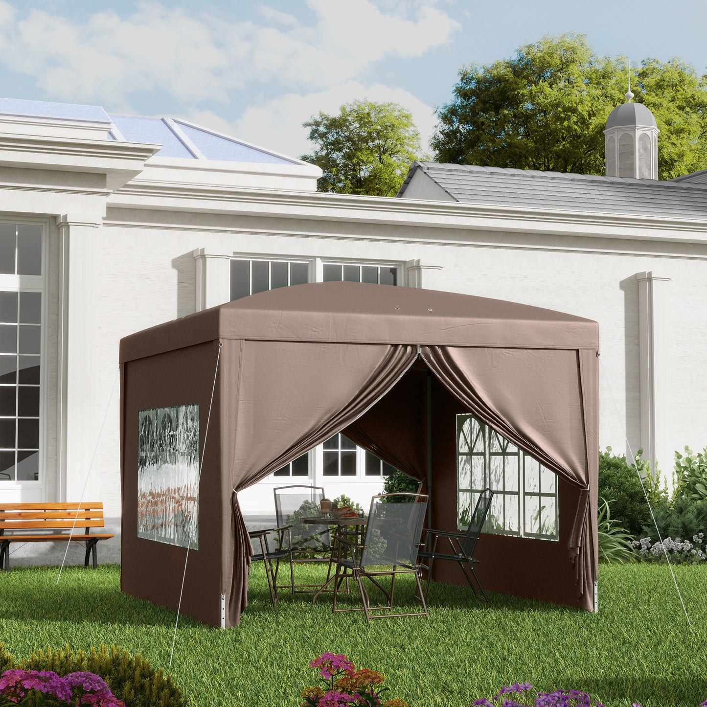 Outsunny 3 x 3 m Pavillon mit 4 Seitenwänden, Fenster, Festzelt mit UV-Schutz, Gartenzelt inkl. Tragetasche, Stahl, Kaffee