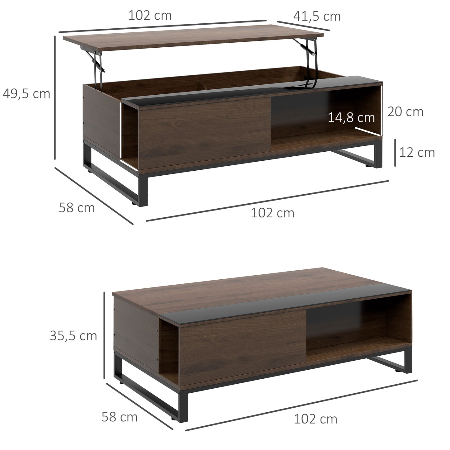 HOMCOM Beistelltisch mit Hebefunktion, verstecktes Staufach, Walsnussholzoptik, Stahlrahmen, 102 x 58 x 35,5 cm