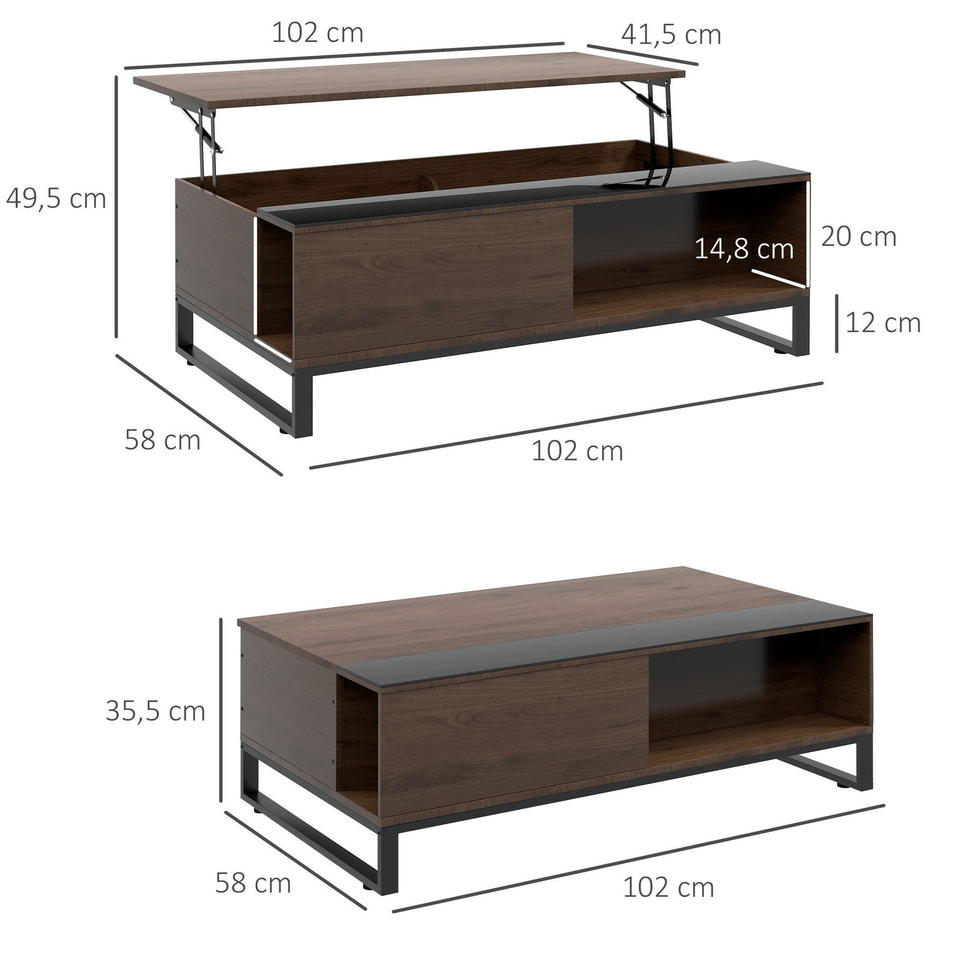 HOMCOM Beistelltisch mit Hebefunktion, verstecktes Staufach, Walsnussholzoptik, Stahlrahmen, 102 x 58 x 35,5 cm