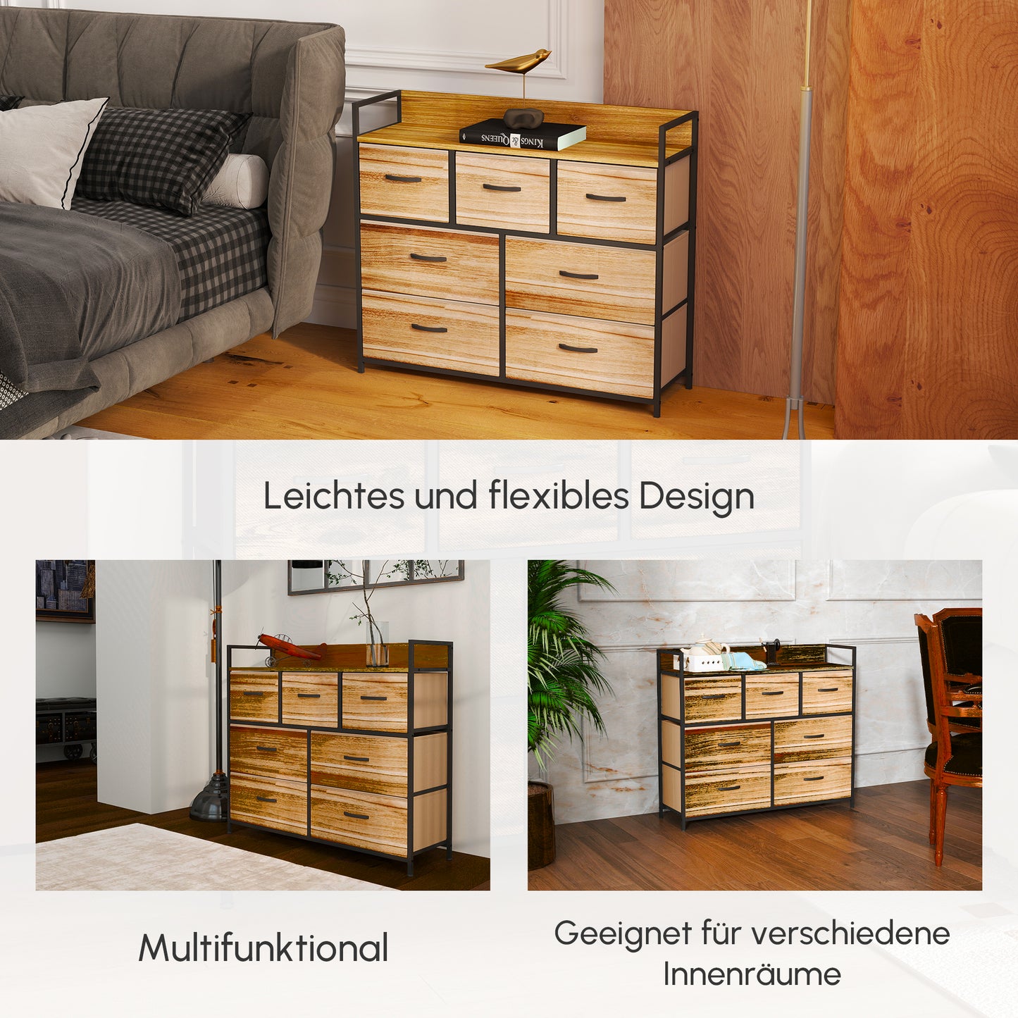 HOMCOM Kommode, Sideboard mit 7 Stoffschubladen, Industrial Design, Stahlrahmen, 98x29x85cm, Braun/Schwarz