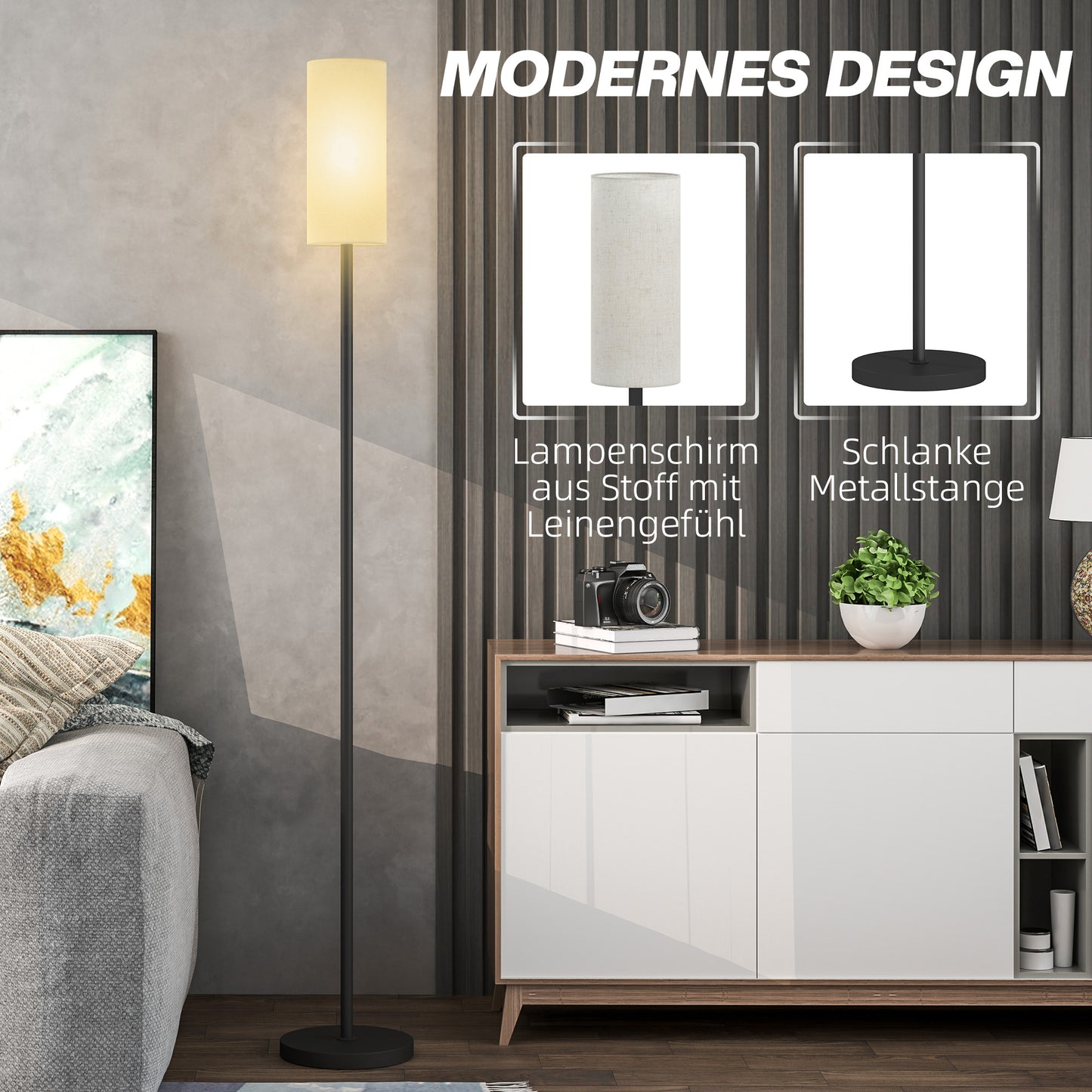 HOMCOM Stehlampe, Schirm in Leinenoptik, Metallstange, Fußschalter, Weiß