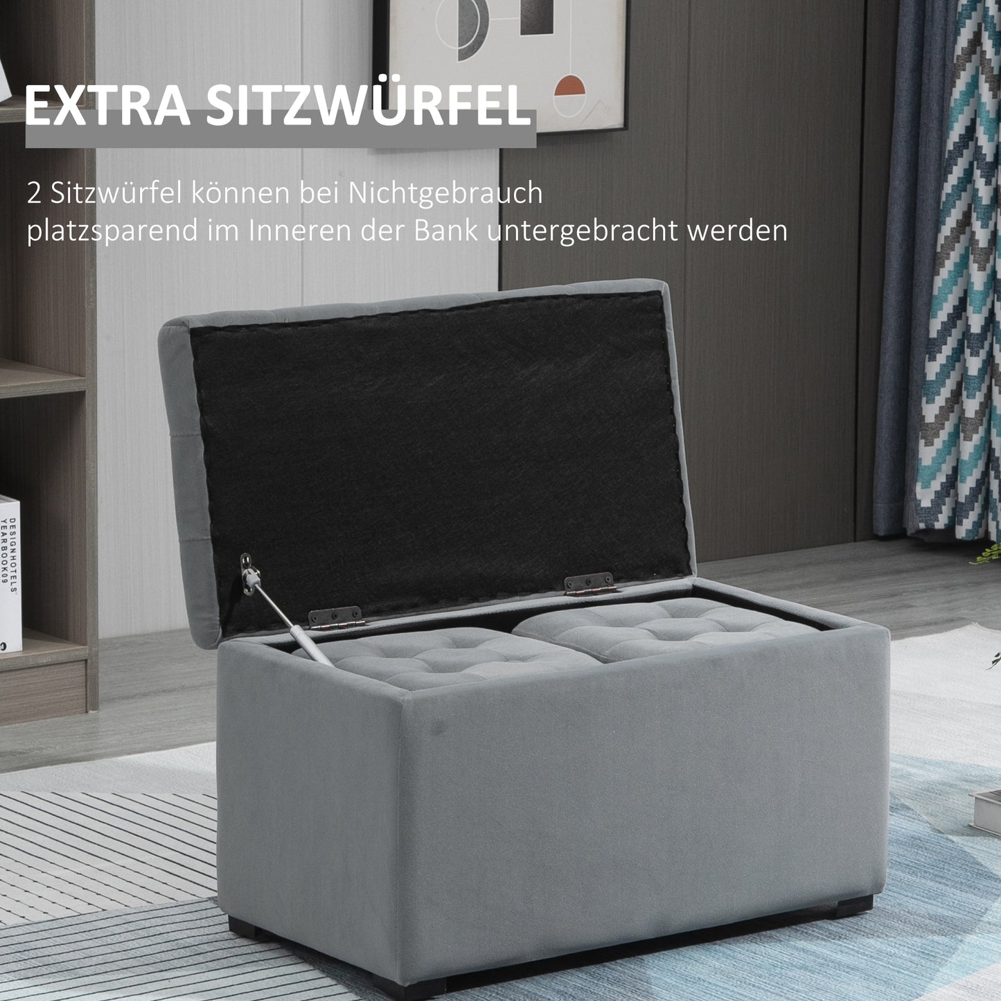 HOMCOM 3-teiliges Set mit Stauraum, 2 x Sitzhocker, Polster-Sitztruhe, Fußhocker, Aufbewahrungsbox, Fußablage, belastbar bis 130 kg, Mikrofaserstoff, Schaumstoff, 75 x 40 x 42 cm, Hellgrau