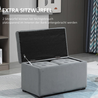 HOMCOM 3-teiliges Set mit Stauraum, 2 x Sitzhocker, Polster-Sitztruhe, Fußhocker, Aufbewahrungsbox, Fußablage, belastbar bis 130 kg, Mikrofaserstoff, Schaumstoff, 75 x 40 x 42 cm, Hellgrau